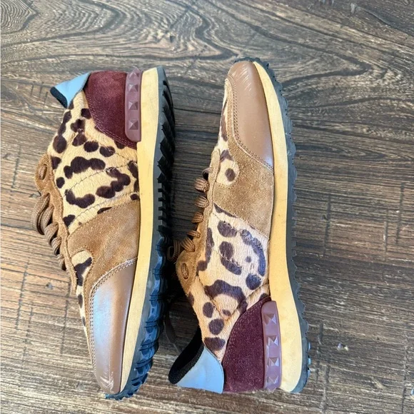 Valentino Garavani Leopard Pony Hair Rockstud Trainers Size 8 - Picture 12 of 14